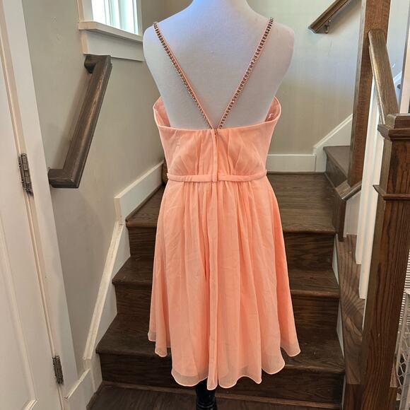 David's Bridal Short Peach Chiffon Dress with Rhinestone Straps Size 10 NEW - Picture 3 of 10